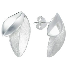 Vinani Stud Earrings Flower Leaf Brushed Shiny 925 Sterling Silver Earrings 2OSAE, Sterling Silver