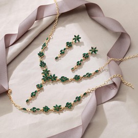 EVER FAITH Beauty Jewelry Set for Women, Marquise Crystal Cluster Flower Wedding Party Necklace Dangle Earrings Bracelet Prom Accessory Green Gold-Tone