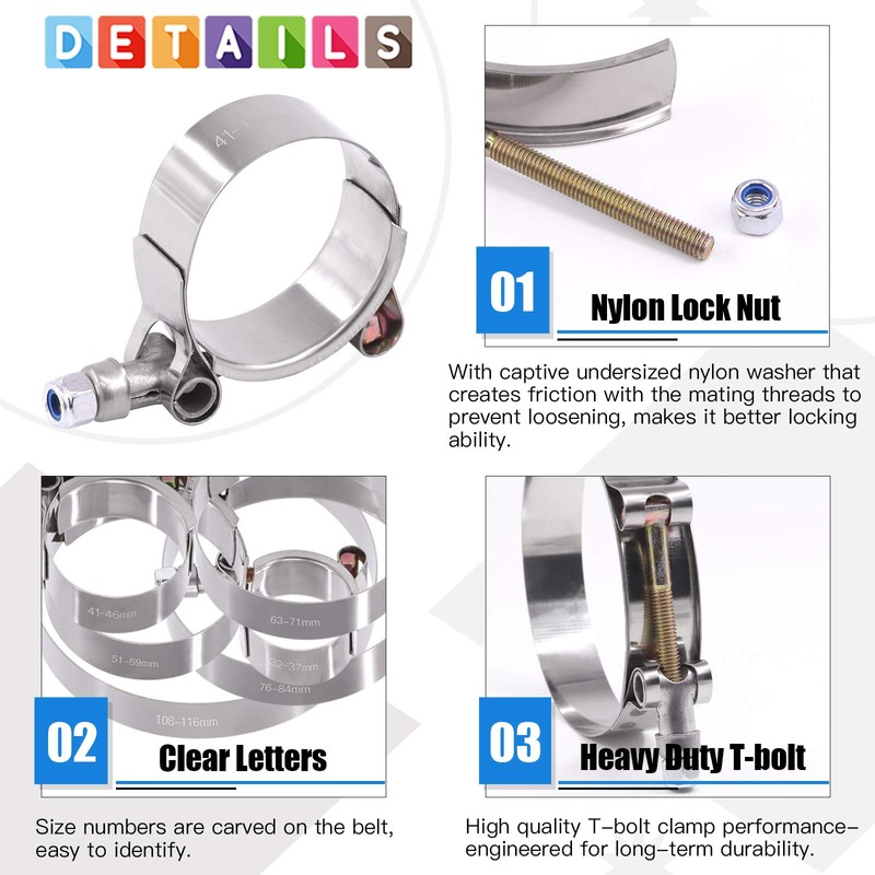 Glarks 12Pcs 6 Sizes 32-116mm Stainless Steel T-Bolt Hose Clamps