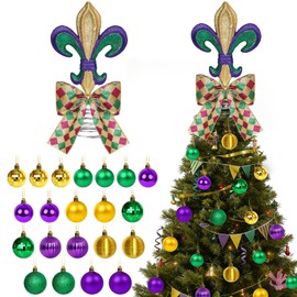22 Pcs Mardi Gras Tree Decoration Set Mardi Gras Ornaments Kit Tree Fleur-de-lis Tree Topper with Bow Glitter Purple Yellow Green Hanging Ball Ornaments Carnival Bulbs for Holiday Party Hanging Decor