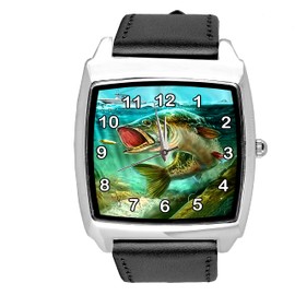 TAPORT® Black Leather Quartz Square Watch for Fishing Fans E1