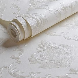AMINAH DECO [Sample Link] Decorative Floral Wallpaper Non-Woven Cream White Damask Textured Wall Paper