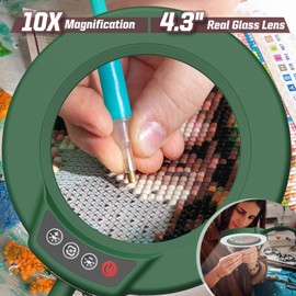 Krstlv 10X Magnifying Glass with Light and Stand, 5 Color Modes Stepless Dimmable LED Lighted Desk Lamp, Hands Free Flexible Gooseneck Magnifier with Light for Craft Hobby Painting Close Work - Green