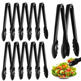 12 Pc Serving Tongs 9 Inch Bulk Reusable or Disposable Plastic Tongs Heavy Duty Hard Plastic Serving Utensils Set Large Salad Tong for Kitchen Party Food Buffet Appetizer BBQ Event Catering(Black）