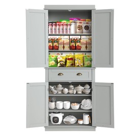 YOCONYO 72" Kitchen Pantry Cabinet, Freestanding Storage Cabinet with 4 Doors, Adjustable Shelves for Kitchen, Living Room and Dinning Room, Gray