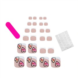 White French Tip False Toenails Cartoon Heart Press on Toenails Glossy Full Cover Toe Nails Reusable Acrylic Toe Nails for Women