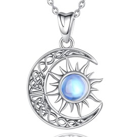 AEONSLOVE Sun and Moon Chain Women's 925 Silver Moonstone Necklace with Celtic Knot Lucky Charm Pendant Cosmic and Astrological Jewellery Gifts for Women, Sterling Silver Sterling silver Moonstone,