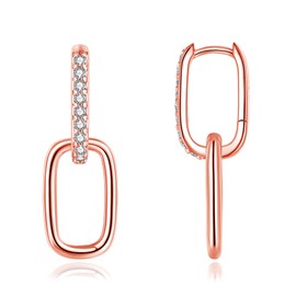 Loutade Convertible Link Earrings for Women, 925 Sterling Silver Paperclip Link Chain Earrings, Rose Gold Double U-Shape Hoop Earrings with Dangle Charms Geometric Oval Drop Earrings Jewelry Gifts