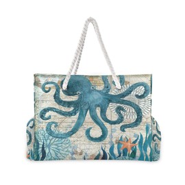 senya Large Beach Bags Totes Canvas Tote Shoulder Bag Soft Wave Water Resistant Bags for Gym Travel Daily (Ocean Octopus Vintage)