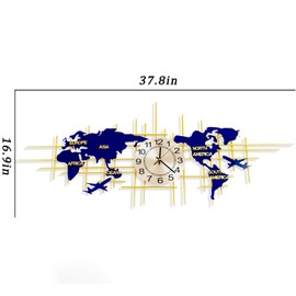 GDSPD Large Wall Clocks for Living Room Decor,37.8 Inch Modern Wall Clock Silent Quartz 3D Clock,World Map Wall Clock Handmade Iron Frameless Wall Clock, Home Decorations for Bedroom Kitchen Office