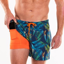 Third Wave Swim Trunks with Compression Liner - Men's Premium 5 Inch Inseam Quick Dry Swim Shorts for Beach and Swimming (Malibu L Comp)