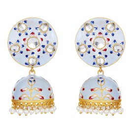 Aheli Meenakari Enamel Pearls Kundan Jhumki Jhumka Stylish Printed Dangle Earrings with Faux Beaded Tassel, Jewelry Gift for Women
