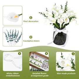 JSSTEM Small Artificial Calla Lily Set - 24 Calla Lilies, 24 Pearls, 8 Eucalyptus Stems, 1Satin Ribbon – Real Touch PU Flowers for Wedding, Home Decor, DIY Arrangements (Vase Not Included)