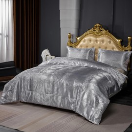 Herside Luxury Silver Grey Bedding Set Royal Damask Duvet Cover Double Country Chic Jacquard with Zipper Closure Silver Embossed Quilt Cover 3pcs Soft Polyester for Adult Woman Men