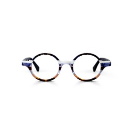 eyebobs Wisecracker Premium Readers for Women and Men | Round Eye Glasses | Blue Multi Stripe Front with Navy Temples | 0.00
