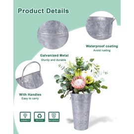 12 Inch Galvanized Metal Vases for Flowers - 6 Pcs Farmhouse Decorative Tall Flower Bucket with Handles, Rustic French Tin Planter Buckets for Wedding Decor (Silver)