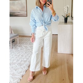 Omoone Wide Leg Jeans for Women High Waisted Stretchy Straight Leg Cropped Denim Pants Buttoned Baggy with Patch Pockets(White-8)