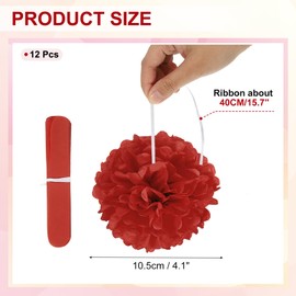 PATIKIL 4inch Tissue Paper Pom Poms, 12PCS Pom Poms Paper Flowers Ball Tissue Paper Flowers for Wedding Bridal Shower Birthday Bachelorette Party Backdrop Decoration, Red
