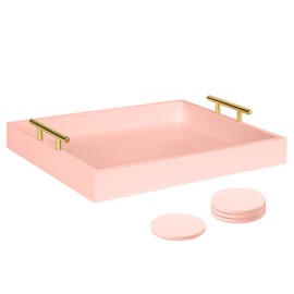 Juleduo Serving Tray 16.5“X 13“Deluxe Wooden Ottoman Tray for Coffee Table with Polished Gold Metal Handles and 4 Coasters, Living Room Bathroom Coffee Bar Organizer Modern Decorative Pink Tray
