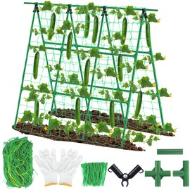 Cucumber Trellis for Garden 48 x 48 Inch A-Frame Garden Trelli for Climbing Plant Outdoor Metal Cucumber Trellis with Net and Twist Ties for Climbing Plants Flowers Vegetables