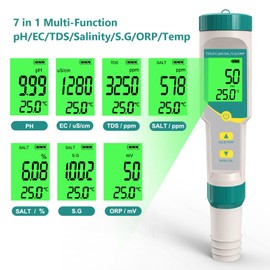 GISNPA pH Meter, 7 in 1 pH/TDS/EC/ORP/S.G/Salinity/Temp Meter, Digital pH Tester with ATC & LCD Backlight for Drinking Water, Hydroponics, Swimming Pool and Aquarium