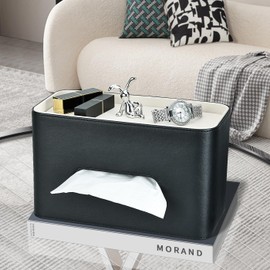 GORESE Cosmetic Tissue Box with Tray, Leather Tissue Box, Paper Tissue Holder Tissue Box for Office, Home, Car, Bathroom, Tissue Box Tissue Dispenser with Shelf for Small Items (Black)