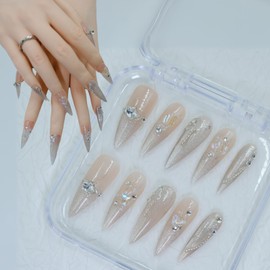 Duotaoii Press on Nails Medium Long Stiletto Fake Nails Handmade False Nails Glitter Powder 3D Hand-Painted Nail Charms, Acrylic Nail Kit Gel Nails, Reusable Stick on Nails for Women 10pcs S