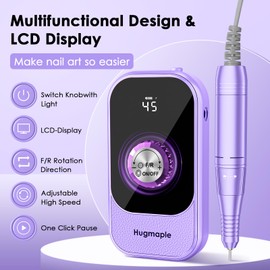 Professional Electric Nail Drill File, HUGMAPLE 45000RPM Portable E-File Machine with Bits & Base, Cordless Rechargeable Nail Drill Kit for Shaping, Removing & Polishing Gel Nails Salon Home (Purple)