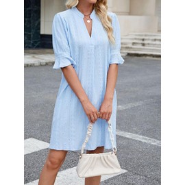 Shirts Dress for Women V Neck Short Sleeves Casual Flowy Summer Beach Vacation Shifts Light Blue X-Large