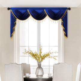 ELKCA Luxury Royal Blue Velvet Curtain Valances for Living Room with Beads(79inch,1 Panel)