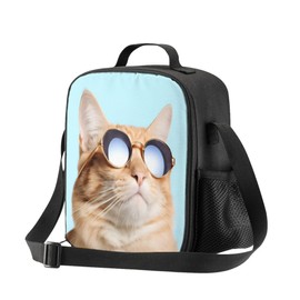 PrelerDIY Sunglasses Cat Lunch Box - Insulated Lunch Box for Kids Funny 3D Design with Side Pocket & Shoulder Strap Lunch Bag Perfect for School/Camping/Hiking/Picnic/Beach/Travel