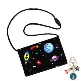 DOINEUFL Children's Neck Pouch with Key Ring, Children's Purse with Neck Strap - Triple Fold Wallet, School Gifts Girls Boys, Birthday Gift for Child, Universe, Casual