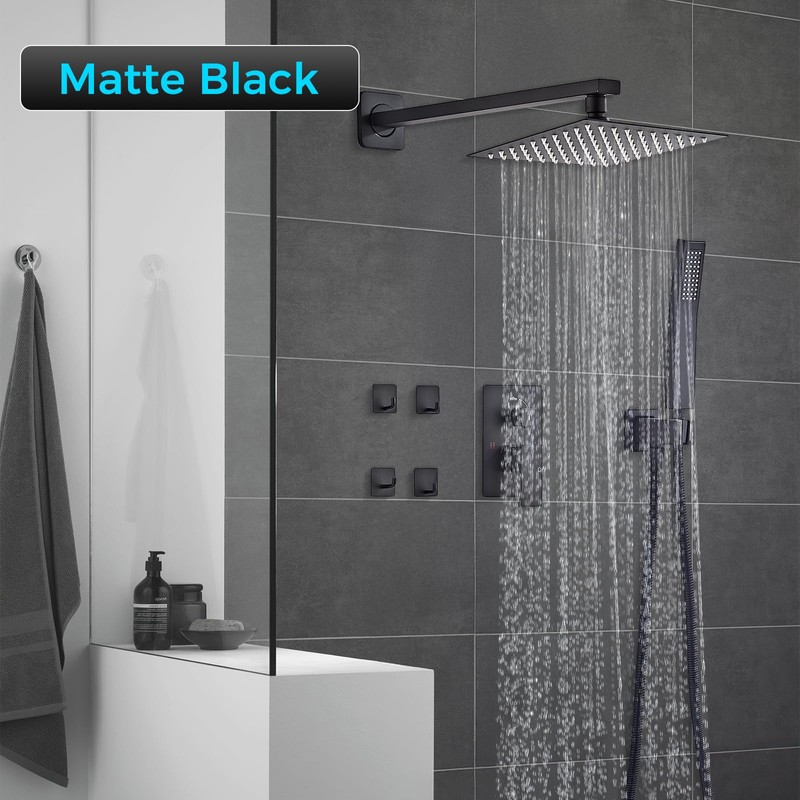 10" Matte Black Rainfall Shower Faucet Set with Rain Shower