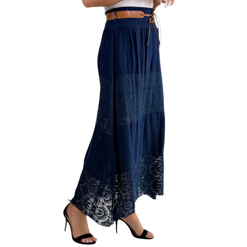 Mississhop Langer Baumwollrock mit Spitze & Gürtel 3094 Dunkelblau
