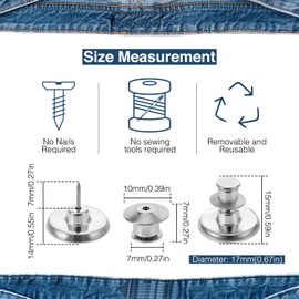 Pack of 12 Jeans Buttons Without Sewing, Buttons for Jeans, Waistband Tightener Button for Replacement to Expand or Reduce Trouser Size Jeans Buttons 17 mm (Silver)