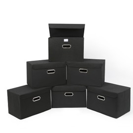 STOREONE Fabric Storage Cube Bins Foldable Organizer Container Collapsible Basket with Lids and Metal Handles, for Home, Bedroom, Closet 6 Pcs (Black)