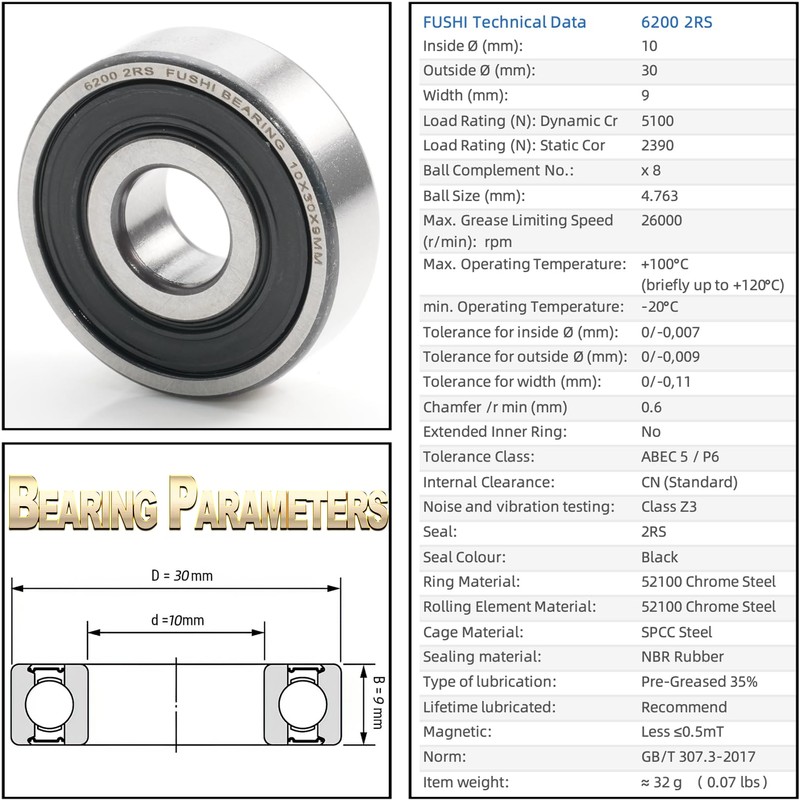 FUSHIBEARING 6200 2RS Ball Bearings 10x30x9 mm, Pre-Lubricated ABEC 5