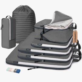 CherryNow Compression Packing Cubes, 7 Set Packing Cubes for Travel, Travel Essentials for Suitcase, Luggage Organizer Bags for Travel, Travel Accessories for Shoes, Clothing, Grey