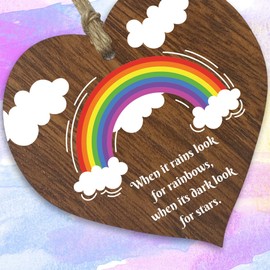 When it Rains Look for Rainbows Hanging Dark Wood Wooden Heart Sign Plaque, Ladies Bestfriend Birthday Gifts for Her, Positive Inspirational Gift, Best Friend Cheer Up Friendship Gifts for Women