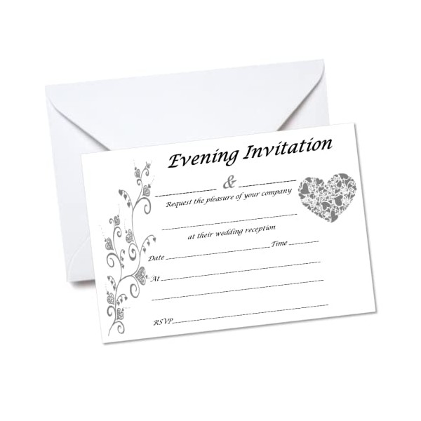 Pack of 10 Silver Evening Wedding Invitations with envelopes.