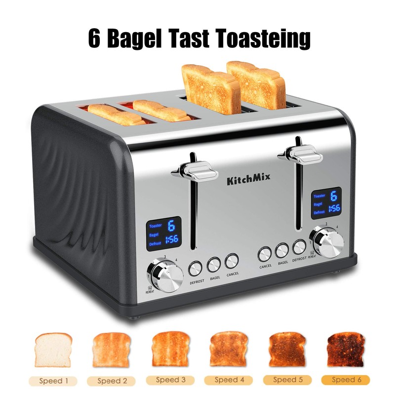 KitchMix Toaster 4 Slice, Bagel Stainless Toaster with LCD Timer,