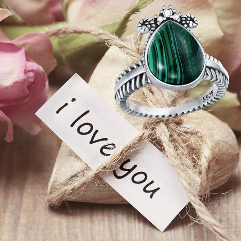 Plesitep Pear Malachite Ring 925 Sterling Silver Malachite Stone Ring