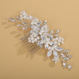 Octwine Bridal Wedding Rhinestone Hair Comb Flower Leaf Hair Comb Bridal Rhinestone Pearls Side Comb Crystal Hair Piece Wedding Party Prom Hair Accessories for Women (Silver)