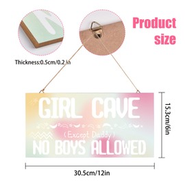 Girl Cave Sign, Hanging Bedroom Door Decoration Sign for Woodland Nursery Home Decor, No Boys Allowed Except Daddy Sign Wall Decor, Cute Green Pink Preppy Room Decor for Teen Girls