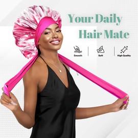 Ptrin Satin Bonnet,Double-Sided Silk Bonnets for Sleeping,Night Hairs Sleep Cap with Elastic Band,Head Cover Hat as Women Girls Long,Straight,Curly Hair Due to Women,Tie-Dye Pink