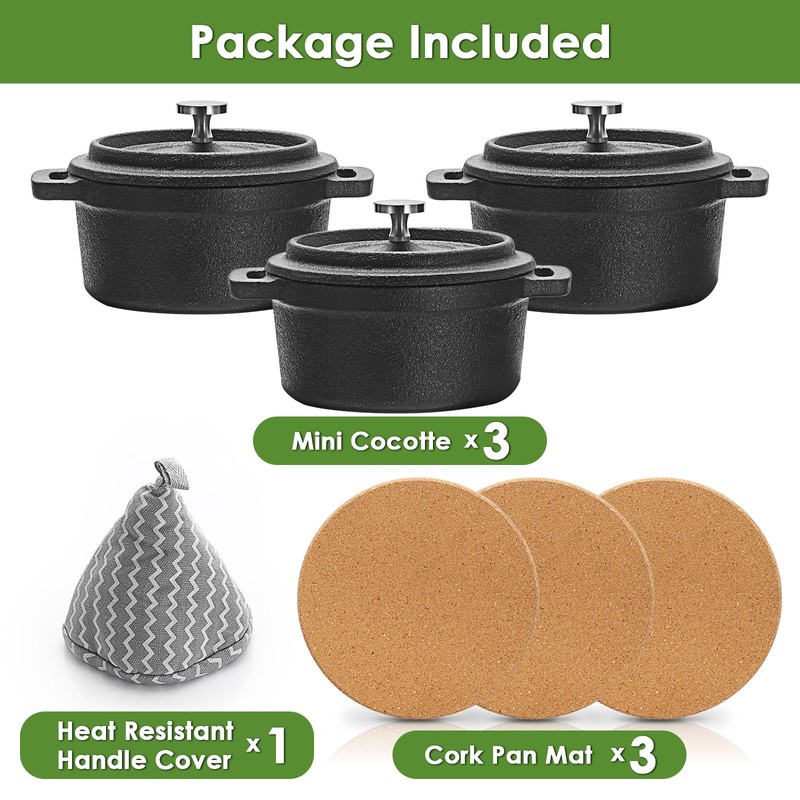 OGANAZI 3 Pcs Mini Cast Iron Dutch Oven Set –