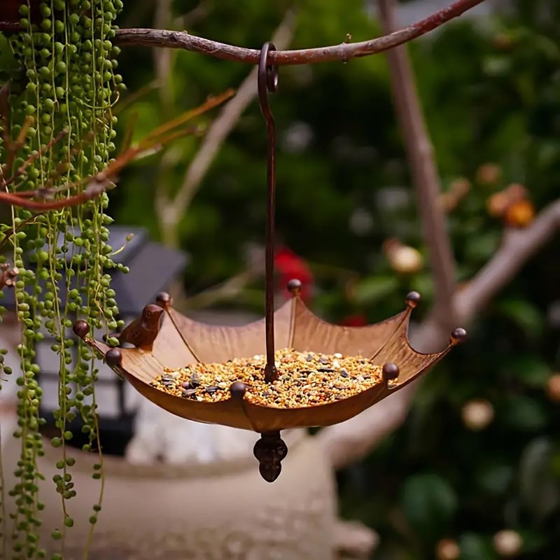 AIMALL Outdoor Metal Bird Feeder Umbrella Shaped Hanging Garden Birdbath