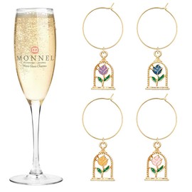 MONNEL P734 Little Assorted Rose Garland Wine Charms Glass Markers Tags for Party Decorations with Velvet Bag- Set of 4