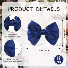 NUVCELKA 12 Pcs Navy Blue Satin Ribbon Bows for Gift Wrapping Treat Bags Cupcake Decorating Premade Twist Tie Bow Wedding Party Favors Nautical Decor