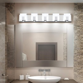 SOLFART LED 5 Lights Modern Dimmable Bathroom Vanity Lights Wall Light Fixture for Bathroom Stainless Steel Acrylic Shade